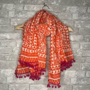 Orange Floral Patterned Scarf with Pink Tassels *Used